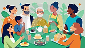 An illustration of a community potluck with a diverse group of people enjoying food and conversation while a Civil photo