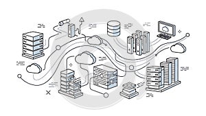 An illustration of a complex network of servers and data storage systems in a cloud computing environment
