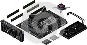 An illustration of the components of a basic computer. computer technology in the workplace, isometric