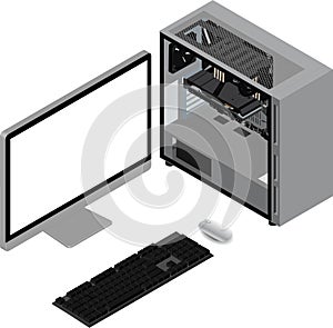 An illustration of the components of a basic computer.computer technology in the workplace, isometric