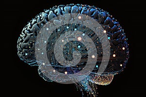 Illustration of a computer brain with a circuit board in the center created with Generative AI technology