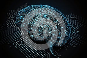 Illustration of a computer brain with a circuit board in the center created with Generative AI technology