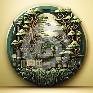 an illustration of a computer circuit board with trees in the background