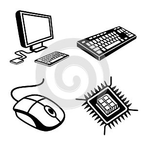 Illustration of computer components including monitor keyboard mouse and cpu