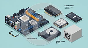 Illustration of computer hardware components on a teal background, showcasing a