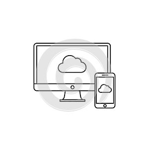 Illustration of a computer and smartphone with cloud symbol, representing cloud computing and data synchronization across devices