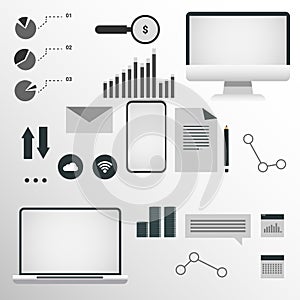 Illustration With Computers, Phone And Web Icons On Gray Background