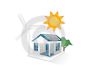 Illustration concept of house with solar panel energy and windmill