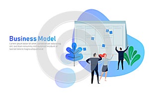 Illustration concept the man present with whiteboard business model canvas. illustration flat. team work together as