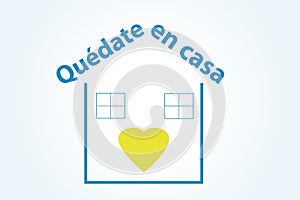 Illustration in concept of quarantine with the phrase stay at home in Spanish quedate en casa , due to covid-19 or coronavirus photo