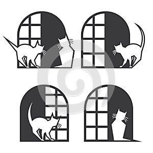 An illustration consisting of four different images of cats and windows