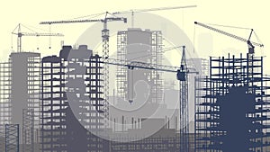 Illustration of construction site with cranes and building.