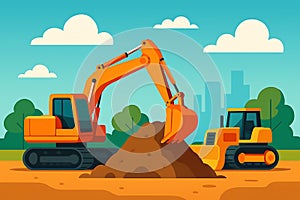 Illustration of construction site with an excavator and bulldozer working with soil outdoors