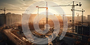 Illustration of a construction site with multiple cranes and a golden sunset