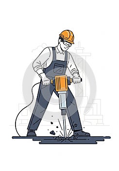Illustration of a construction worker operating a jackhammer on a construction site.