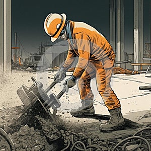 Construction worker using jackhammer on concrete slab