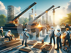 Illustration of Construction Workers Using Heavy Machinery to Build a Bridge