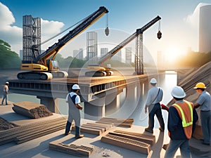 Illustration of Construction Workers Using Heavy Machinery to Build a Bridge