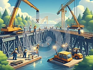 Illustration of Construction Workers Using Heavy Machinery to Build a Bridge