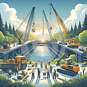 Illustration of Construction Workers Using Heavy Machinery to Build a Bridge