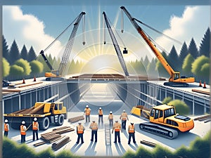 Illustration of Construction Workers Using Heavy Machinery to Build a Bridge