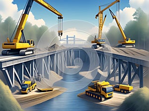 Illustration of Construction Workers Using Heavy Machinery to Build a Bridge