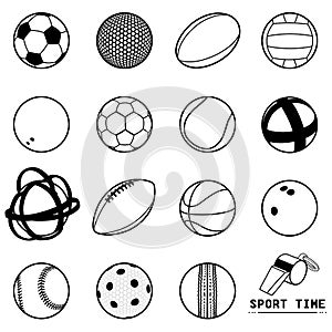 Illustration of contour balls icon of different sports and whistle SPORT TIME