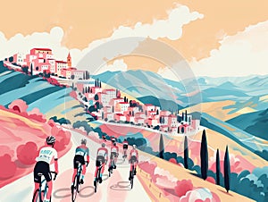 Illustration in contrasting pastel colors capturing the essence of cycling. Winds its way through rolling hills.