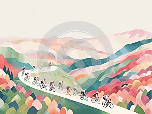 Illustration in contrasting pastel colors capturing the essence of cycling. Winds its way through rolling hills.