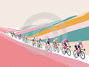 Illustration in contrasting pastel colors capturing the essence of cycling. Winds its way through rolling hills.