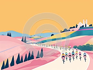 Illustration in contrasting pastel colors capturing the essence of cycling. Winds its way through rolling hills.