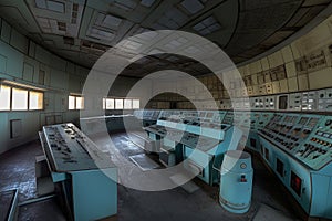 Illustration of a control room of an old decommissioned nuclear power plant.