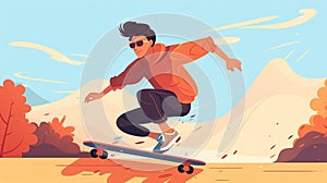 An illustration of a cool boy is riding a skateboard AI Generated