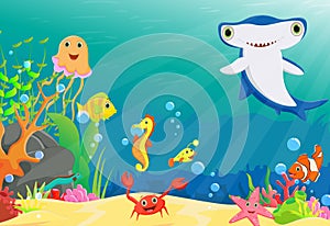Illustration of coral reef with a funny fish and hammerhead shark