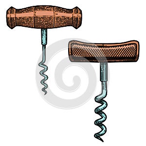 Illustration of corkscrew in engraving style. Design element for poster, card, banner, sign.