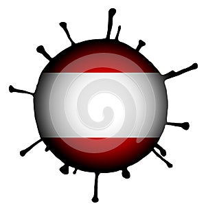 Illustration of a coronavirus, bacterium with the flag of Austria in the center, on a white isolated background. horizontal frame