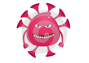 Red coronavirus cartoon illustration with eyes, mouth and arms photo