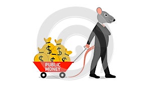 illustration of a corruptor with a rat head pulling a cart filled with bags of money