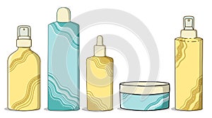 Illustration of cosmetics: bottles, shampoos, gels and creams for care. The concept of natural cosmetics for hair care