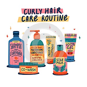 Illustration of cosmetics for curly hair routine. Curly girl method. Hair care bottle styling, cleansing, treatment for