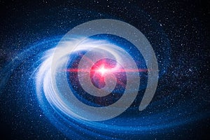 Illustration of cosmic rays and dust light from in the galaxy spinning spiral in to center of universe photo