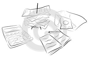 Illustration for Cost Control calculator, stack of payment receipt and block note, draw using graphic tablet