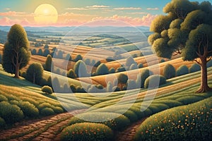 Illustration of countryside landscape in pointillism style