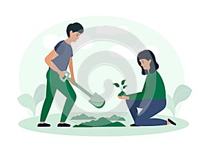 Illustration of couple of activists planting plants in ground