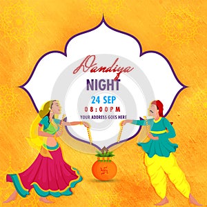 Illustration of couple in dancing pose on abstract floral, yellow background for Dandiya Night event celebration. Poster or flyer