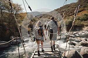 illustration, a couple of hikers crossing a moving bridge, ai generative photo