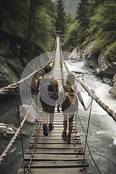illustration, a couple of hikers crossing a moving bridge, ai generative photo