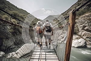illustration, a couple of hikers crossing a moving bridge, ai generative photo