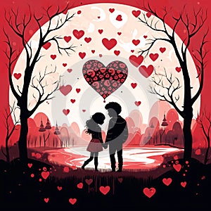 Illustration of a couple in love around red hearts and trees big moon in the background. Heart as a symbol of affection and