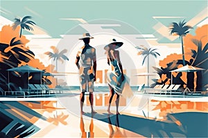 illustration of couple in love at a luxury resort, enjoying their summer vacation together. sea view